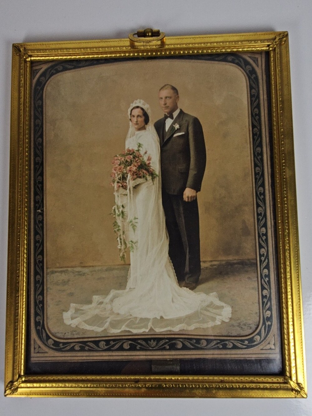 Antique Hand-Colored Wedding Portrait Photo in Gold Ornate Hanging Frame 8x10